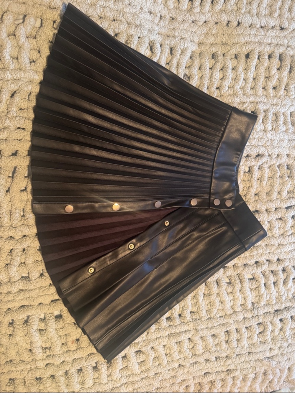 Zara Black Pleated Faux Leather Mini Skirt with Gold Snaps